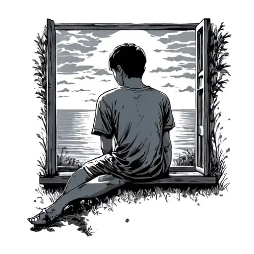 Boy Sitting Out Window Looking At Sunset