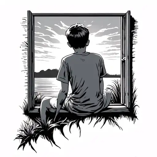 Boy Sitting Out Window Looking At Sunset
