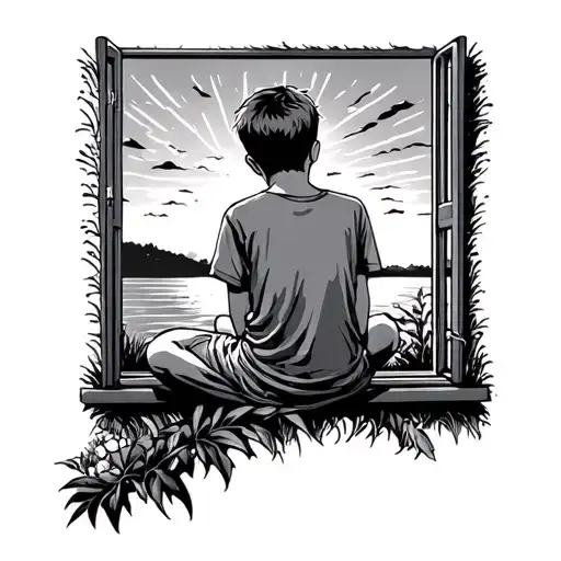 Boy Sitting Out Window Looking At Sunset