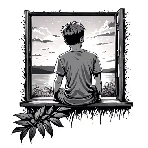 Boy Sitting Out Window Looking At Sunset