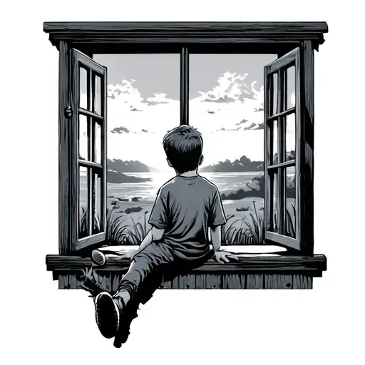 Boy Sitting Out Window Looking At Sunset