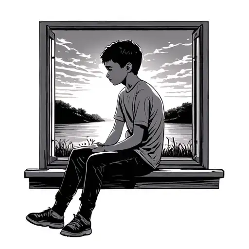 Boy Sitting Out Window Looking At Sunset