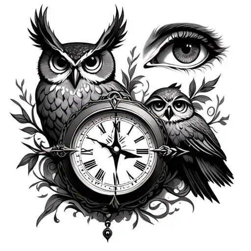 Clock And Compass With Eye And Owl