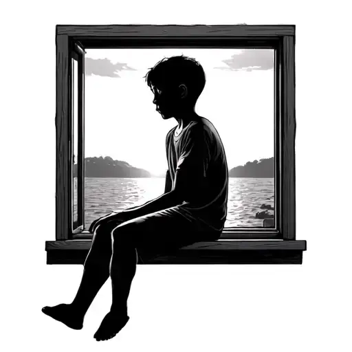 Boy Sitting Out Window Looking At Sunset