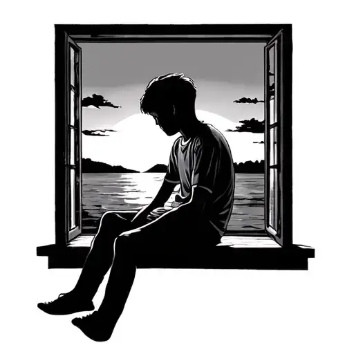 Boy Sitting Out Window Looking At Sunset