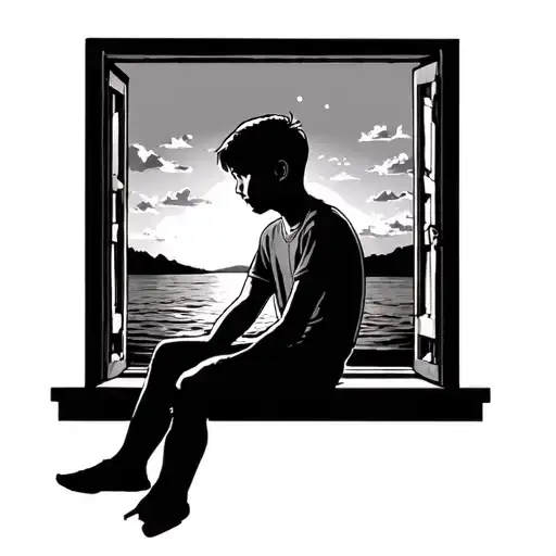 Boy Sitting Out Window Looking At Sunset