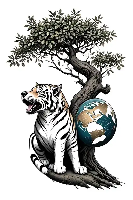 Dog And Earth Tiger Merging Into An Olive Tree Growing