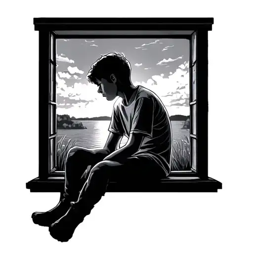 Boy Sitting Out Window Looking At Sunset