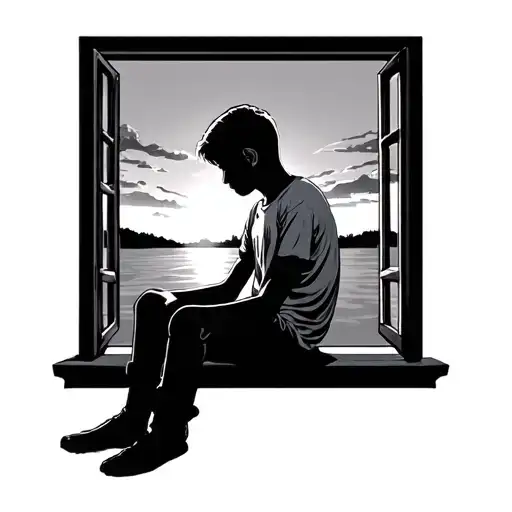 Boy Sitting Out Window Looking At Sunset