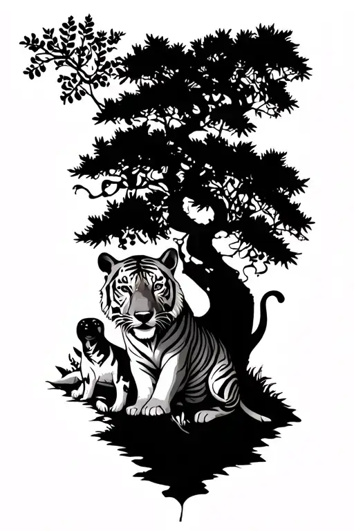 A Tiger And A Dog And An Olive Tree Growing Together