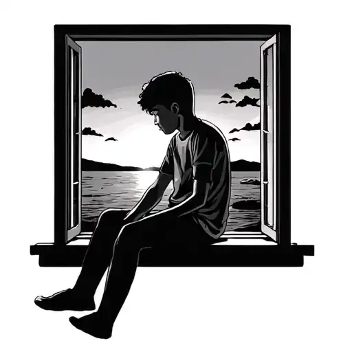 Boy Sitting Out Window Looking At Sunset