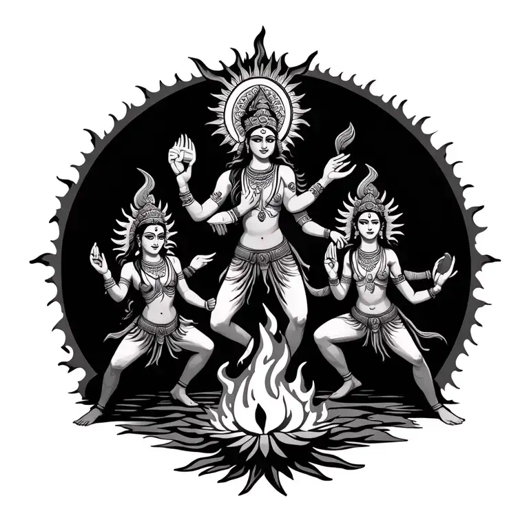 All Three Sun God Nika Forms Dancing Around A Fire