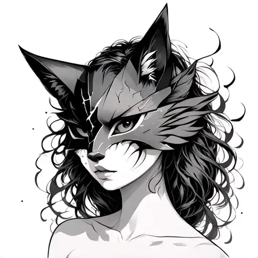 Woman Wearing Broken Kitsune Mask