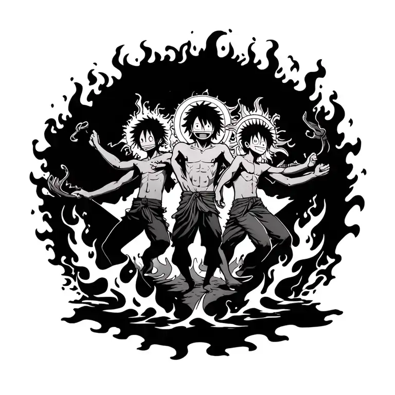 All Three Luffy Sun God Nika Forms Dancing Around A Fire In A Circle
