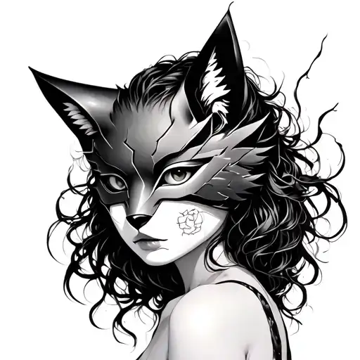 Woman Wearing Broken Kitsune Mask