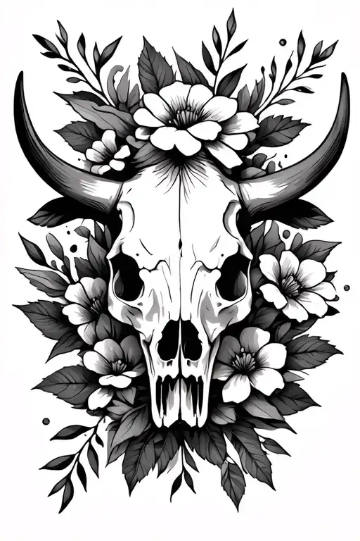 Cow Skull And Flowers And Leaves