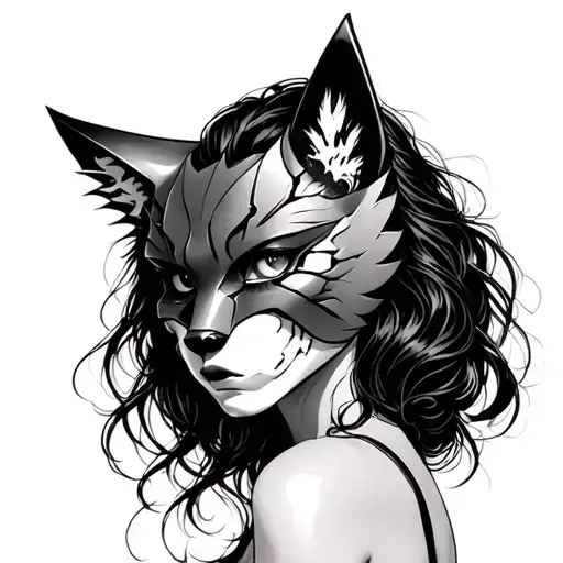 Woman Wearing Broken Kitsune Mask