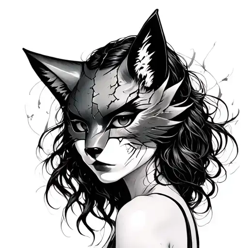 Woman Wearing Broken Kitsune Mask