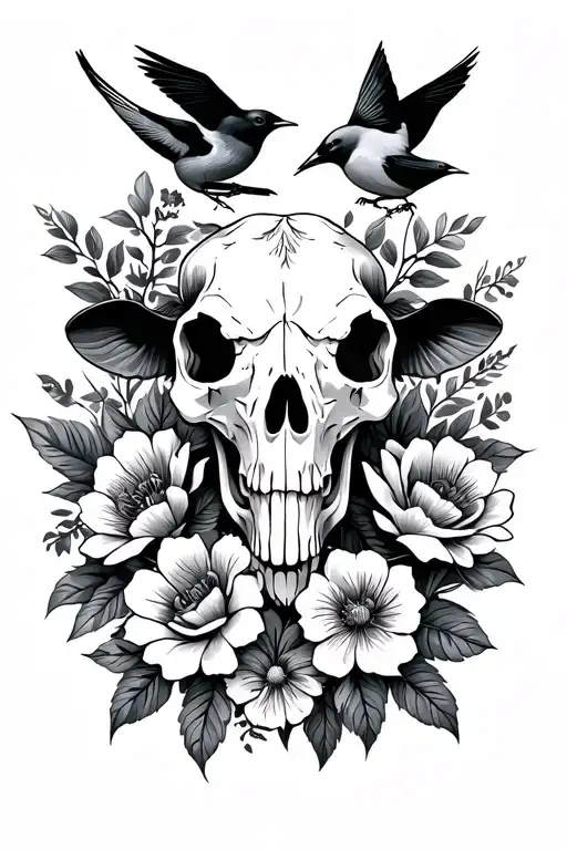 Cow Skull And Flowers And Birds Perched