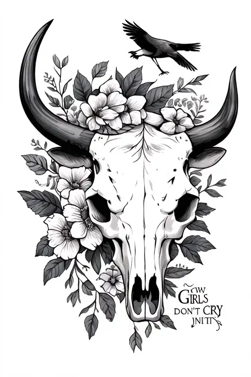 Bull Skull And Flowers And Birds And Says Cow Girls Don't Cry