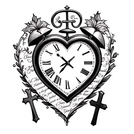 Full Sleeve Heart Shaped Clock On Wrist With 3 Crosses Beside It Inner Sleeve With Bible Verse