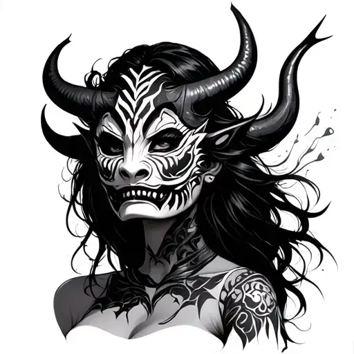 Woman Wearing Broken Oni Mask