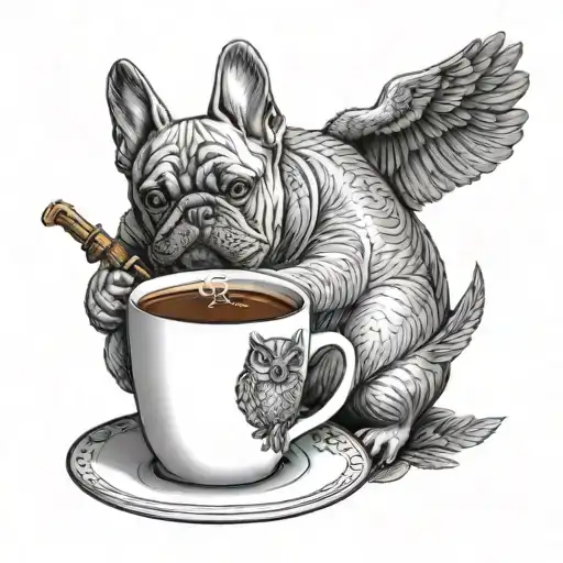 A French Bulldog And Owl Sharing A Cup Of Coffee Together