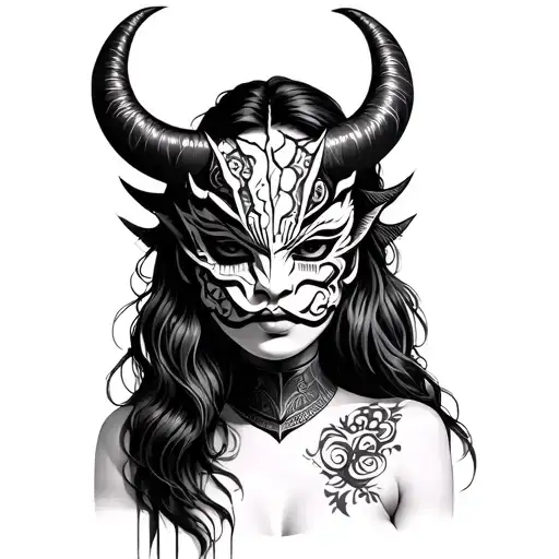 Woman Wearing Broken Oni Mask