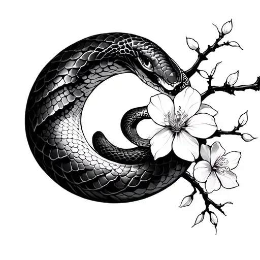 Snake And Sakura Branch With Crescent Moon On Collarbone