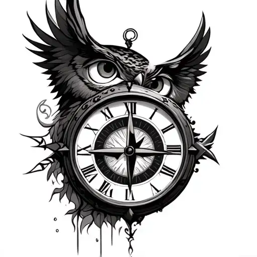 Clock With Eye And Compass With Owl