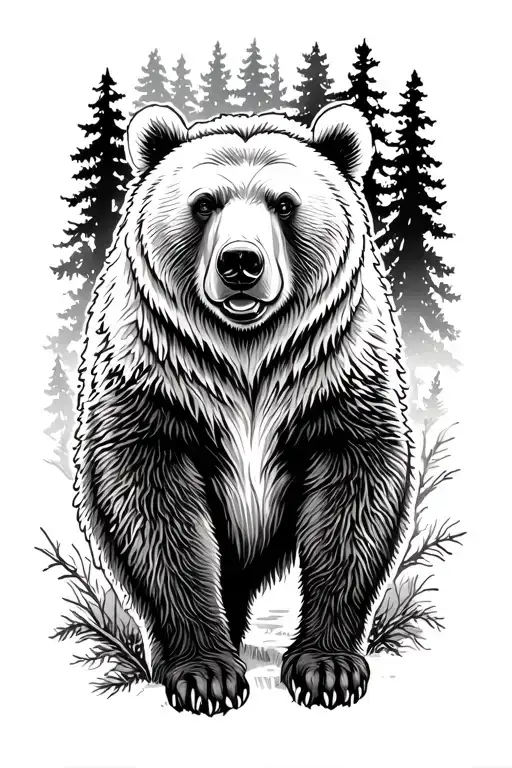 Grizzly In Forest Surrounded