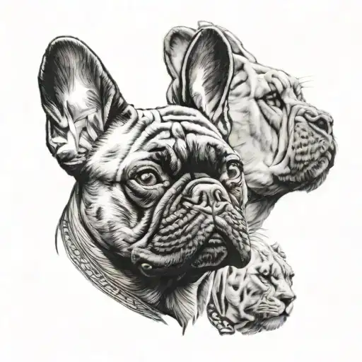 A Portrait Of A French Bulldog And Lioness In A Realistic Black-grey Style