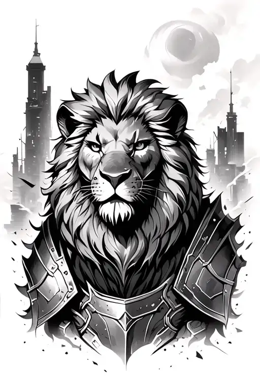 Lion Wearing Armor In Destroyed Dystopian City