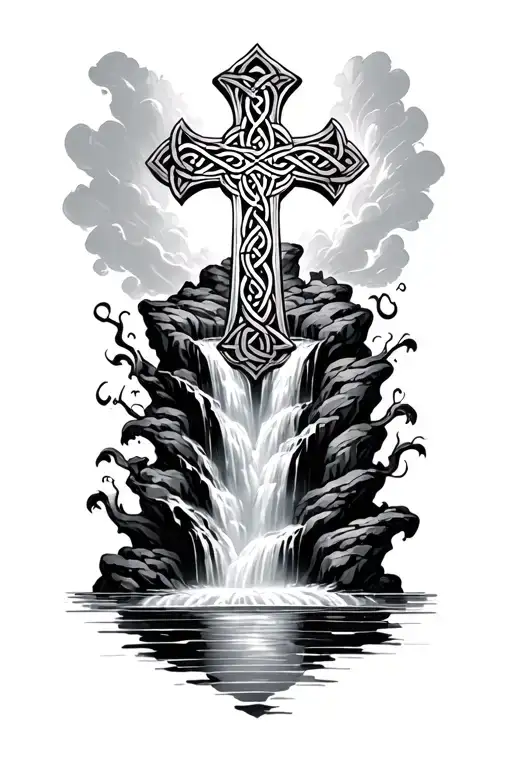 Celtic Cross And Flowing Waterfall