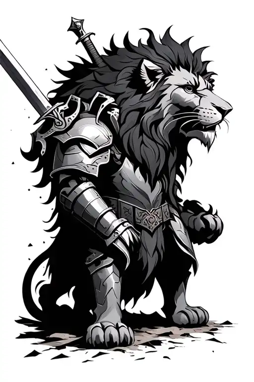 Lion Wearing Armor With Sword In Destroyed Dystopian City