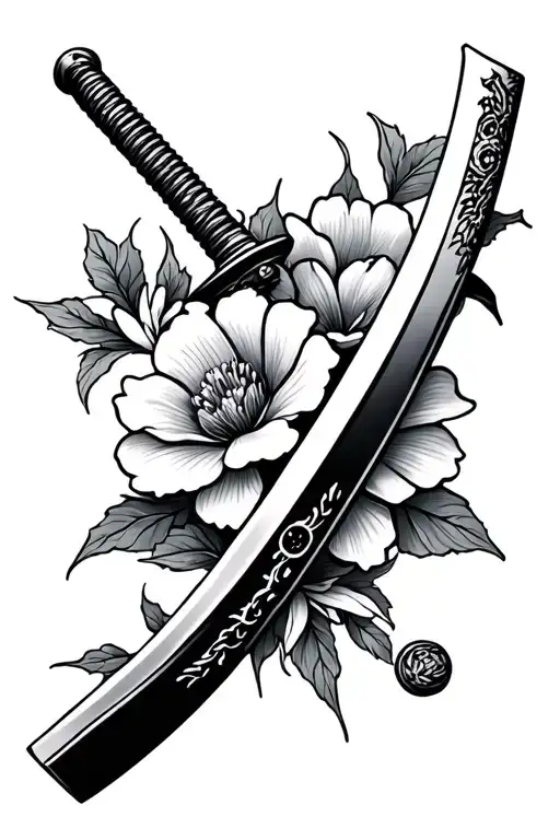 Japanese Katana With Flower Pedals Around It