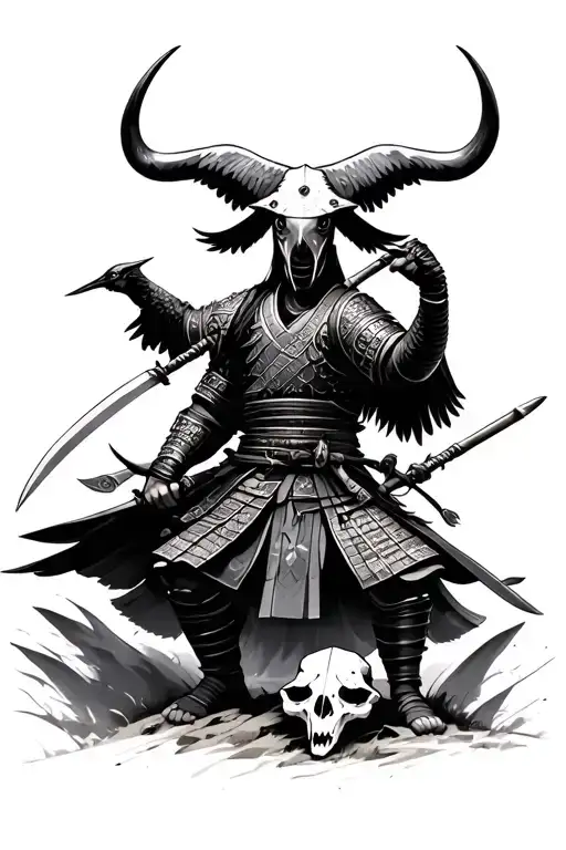 Samurai On Battle Field With Bird And Longhorn Skull