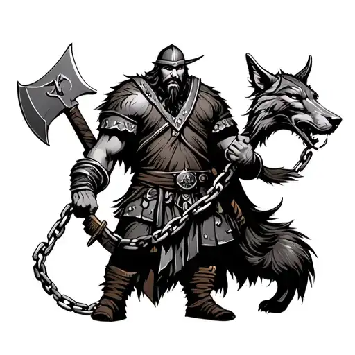 Viking Warrior With Axe And Fenrir In Chains