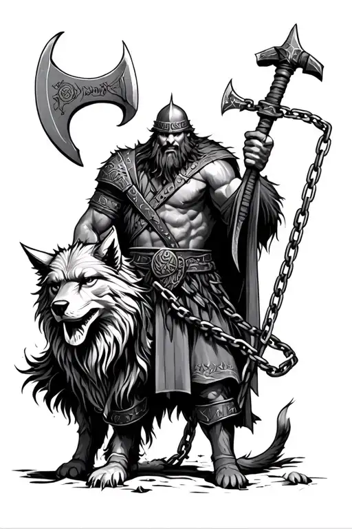 Viking Warrior With Axe And Fenrir In Chains