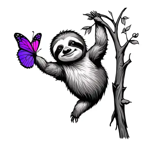 Adorable Sloth Hanging From A Tree With A Purple Butterfly