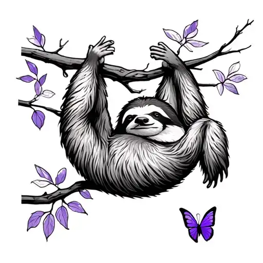 Adorable Sloth Hanging From A Tree With A Purple Butterfly
