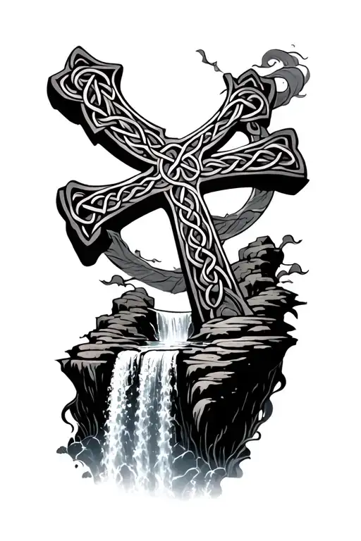 Celtic Cross At The Top Of A Waterfall