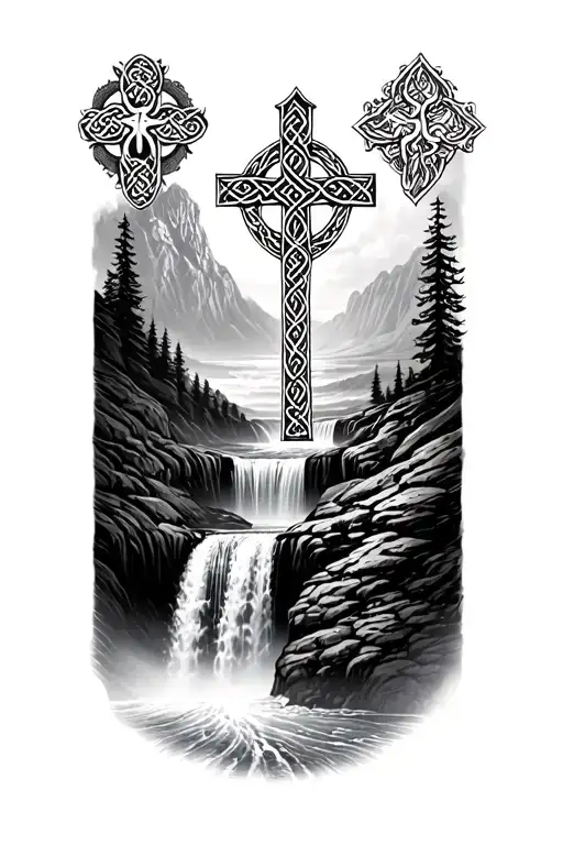 Celtic Cross At The Top Of A Waterfall