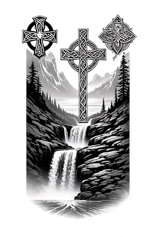 Celtic Cross At The Top Of A Waterfall