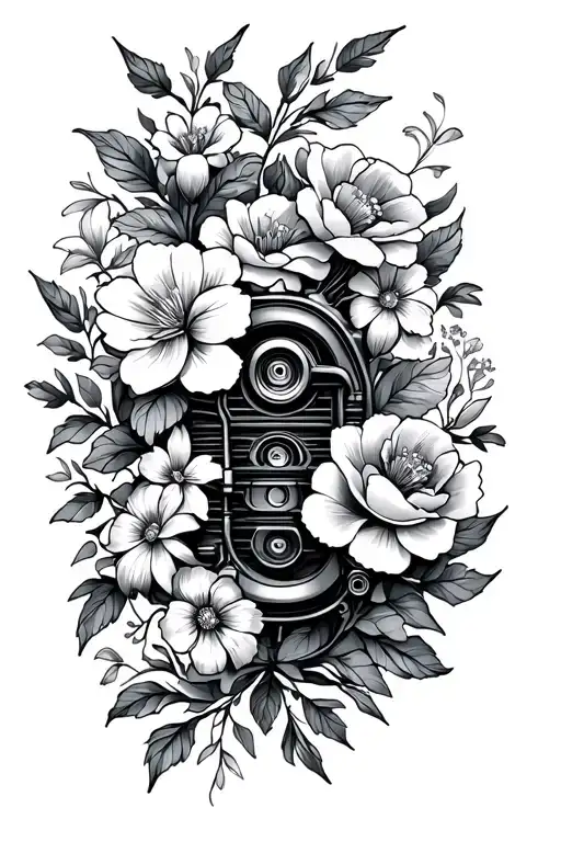 Flowers And Diesel Motor Engine Intertwined