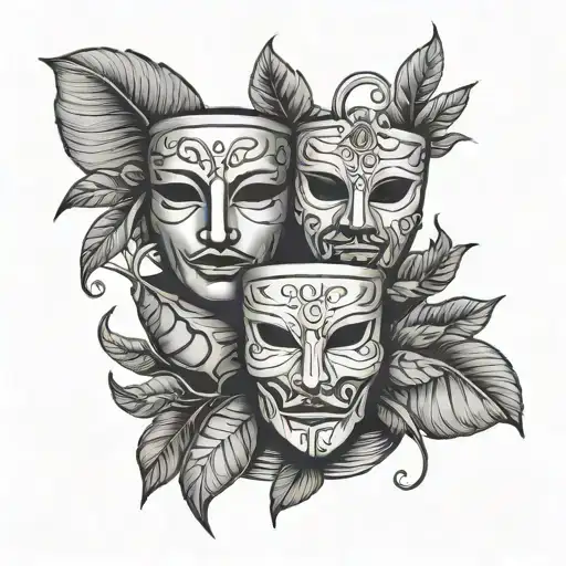 A Pot With A Plant With Two Theatre Masks Instead Of Leaves