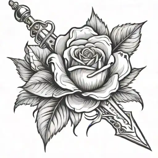 Sketch Of A Tattoo Of A Rose And A Bladed Weapon