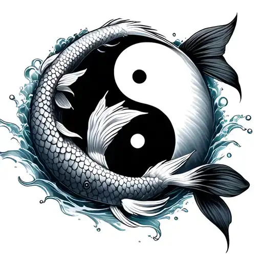 Rugged Looking Koi Fish In Ying Yang Symbol Integrated With A Water Waves Back Ground