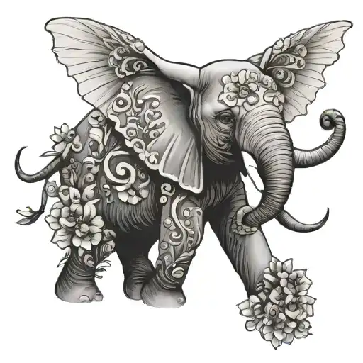 Elephant Playing With A Bee With Floral Ornament