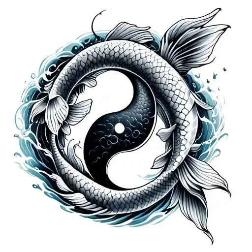 Rugged Looking Koi Fish In Ying Yang Symbol With A Water Waves Back Ground